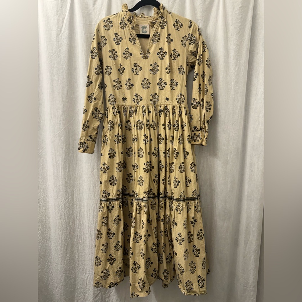 DAYDRESS UK BOHO Beige Floral Long Sleeve Tiered Midi Dress Cotton Ruffle SM